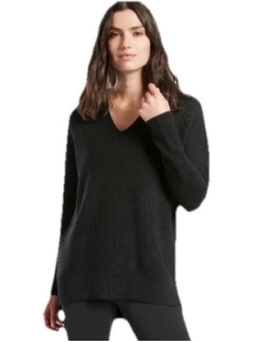 ATHLETA Hanover Women’s V-Neck Pullover Ribbed Sweater Black Knit Stretch Small.